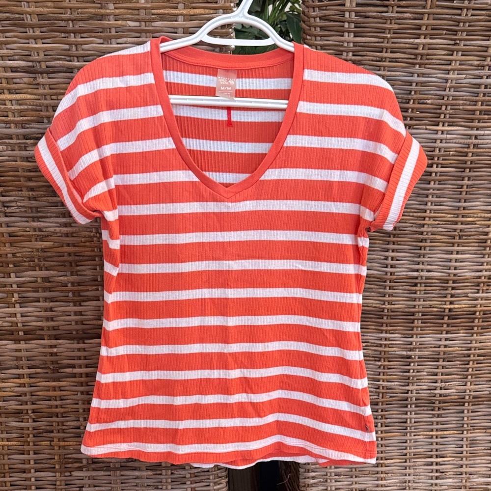 Mountain Hardwear Orange and White Striped V-Neck Tee